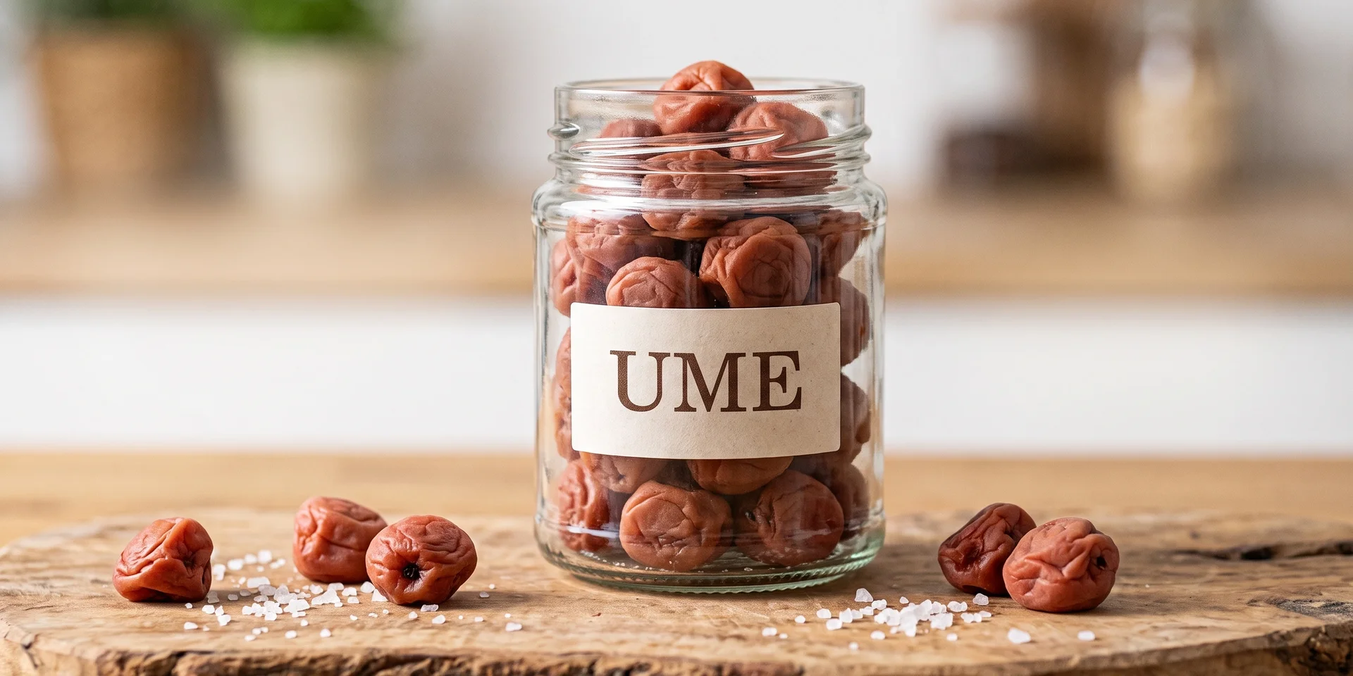 hi-Dry_ume-mixology-wissen-2 Offenes Einmachglas mit getrockneten Ume-Früchten und der Aufschrift 'UME', daneben einzelne Früchte und grobes Salz auf einem Holzbrett.